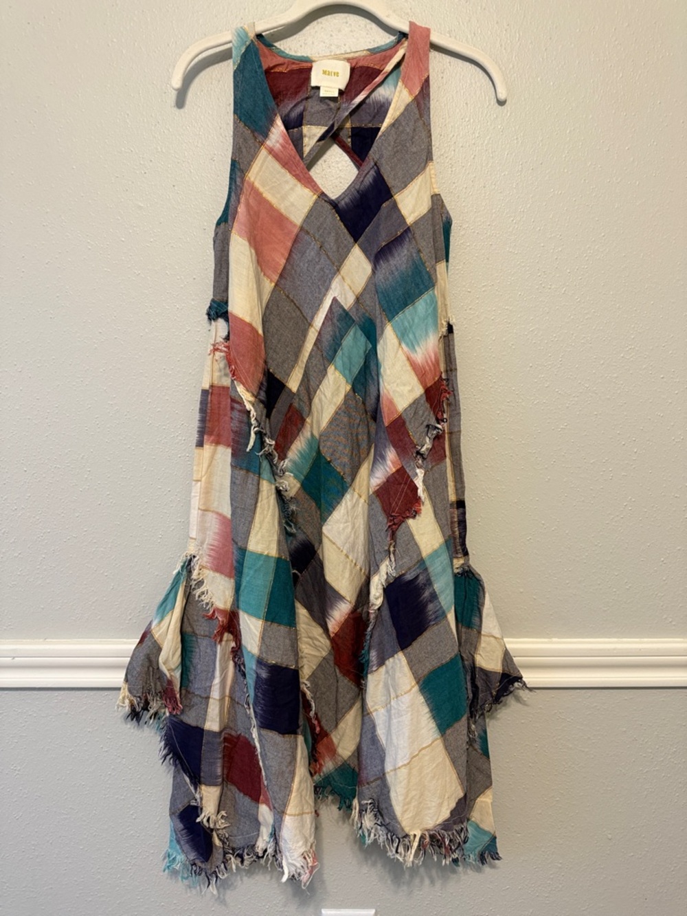Maeve Multicolor Plaid V-Neck Dress with Fringe Detail